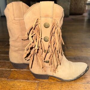 Vintage Code West Tan Nubuck Leather Fringe Women's Cowboy Boots Size 5 1/2M